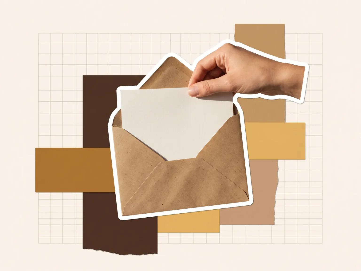 An open envelope with a blank sheet and a hand posting it, cut out against paper shapes