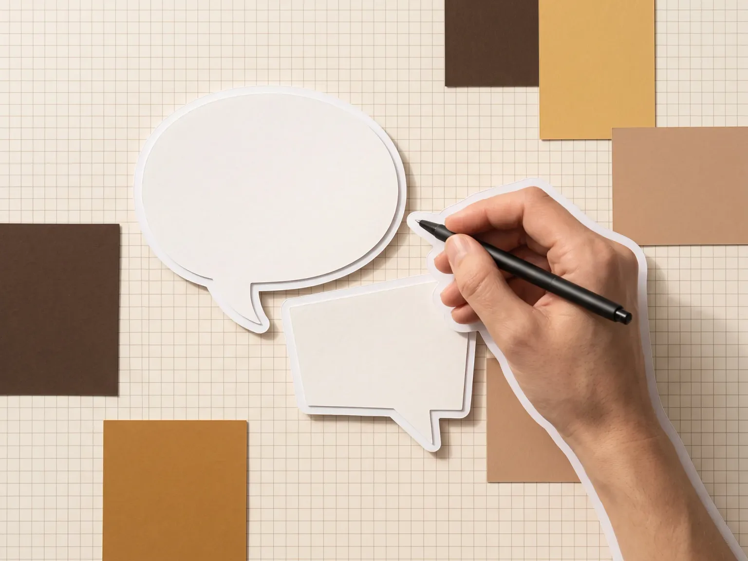Two blank paper speech bubbles and a hand with a pen, cut out against paper shapes