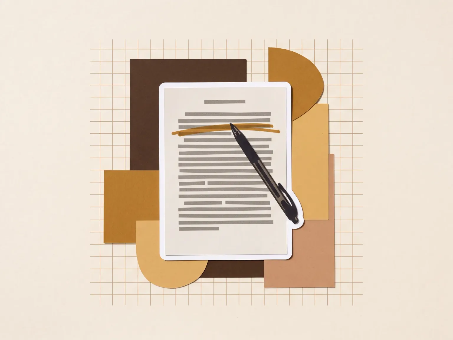 A printed page with a pen across it and one paragraph struck through, cut out against paper shapes