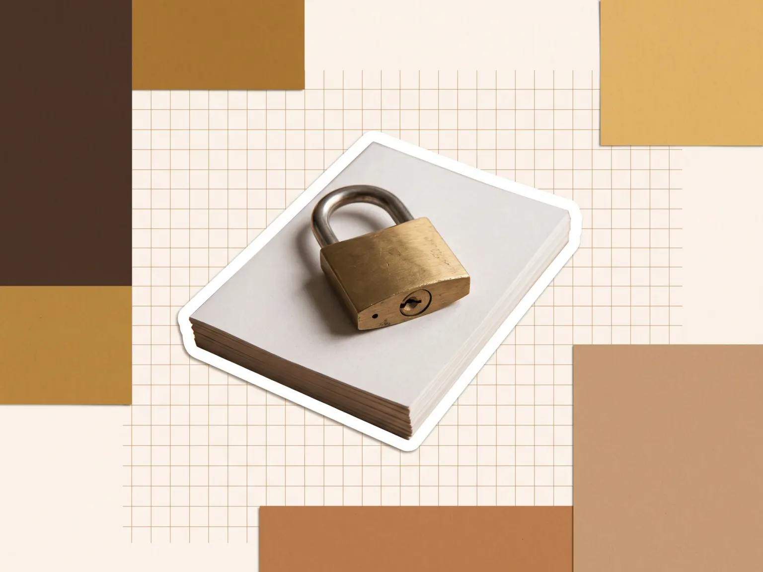 A closed padlock resting on a stack of printed pages, cut out against paper shapes