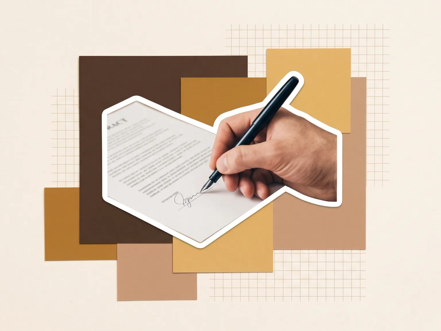 A hand signing the last page of a printed contract, cut out against paper shapes