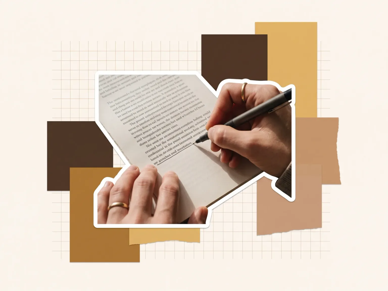 Hands annotating a printed page with a pen, cut out against paper shapes