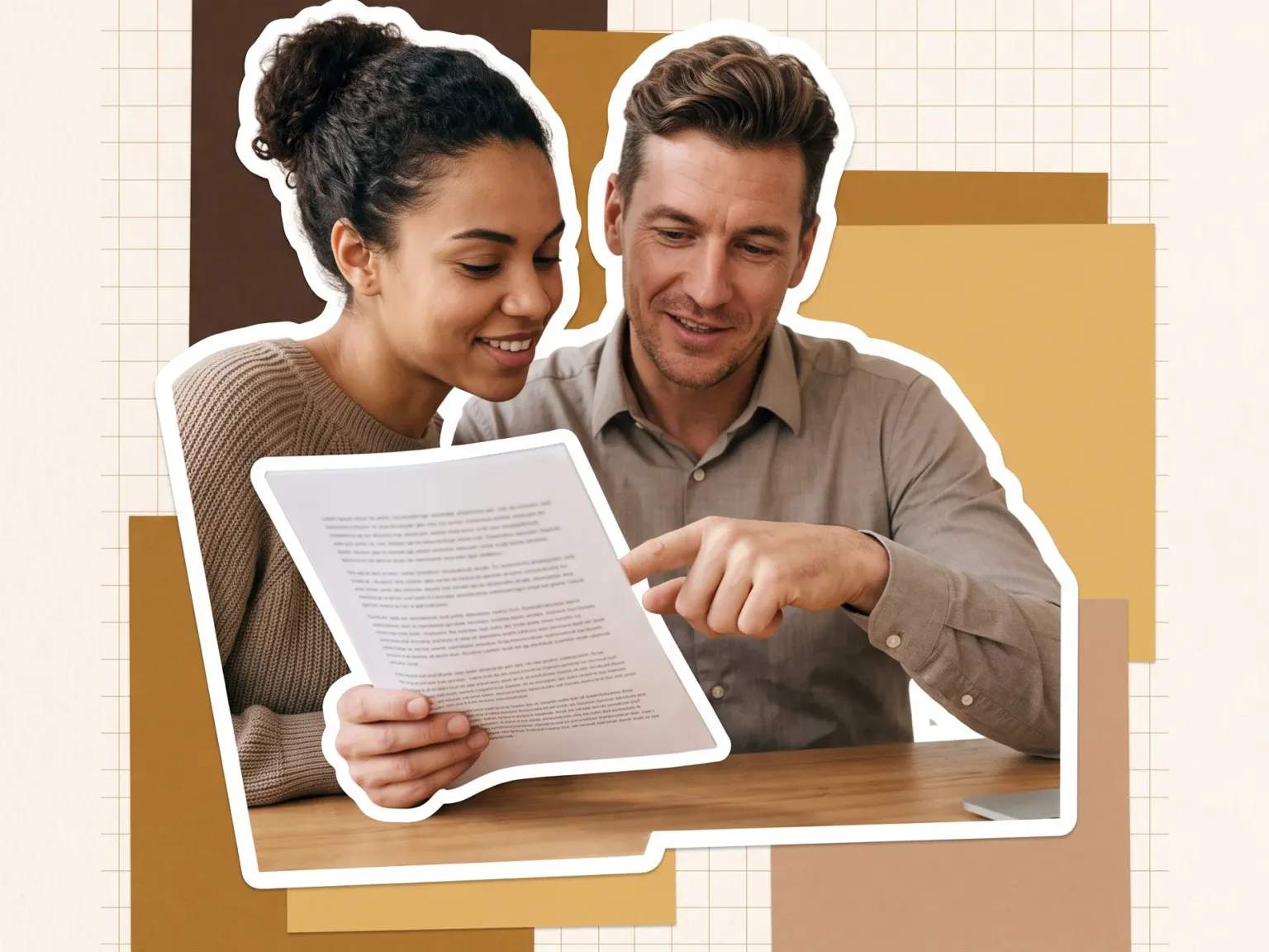 Two colleagues reading a printed translation together, cut out against paper shapes