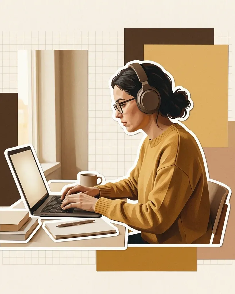 A linguist in headphones working at a laptop, cut out against paper shapes