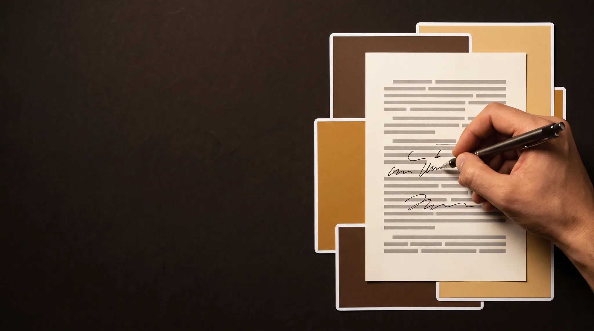 Hands writing corrections on a printed page, lit warmly against a dark ground