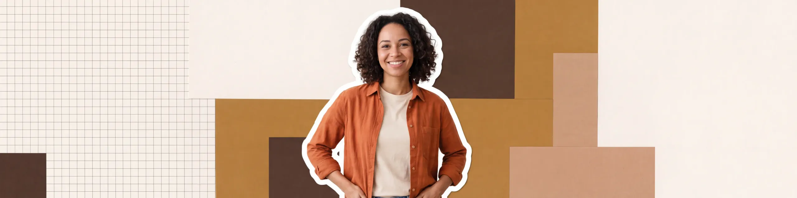 A smiling translator standing centred, cut out against warm paper blocks and a fine grid