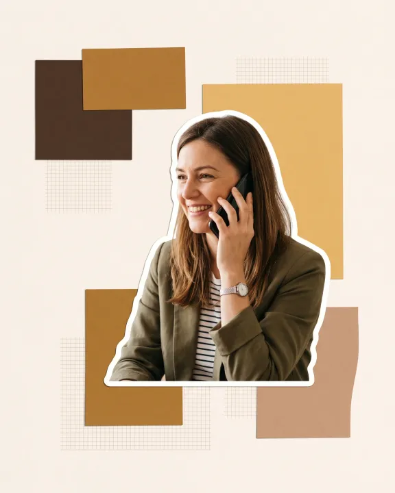 A project manager smiling mid-conversation, cut out against paper shapes