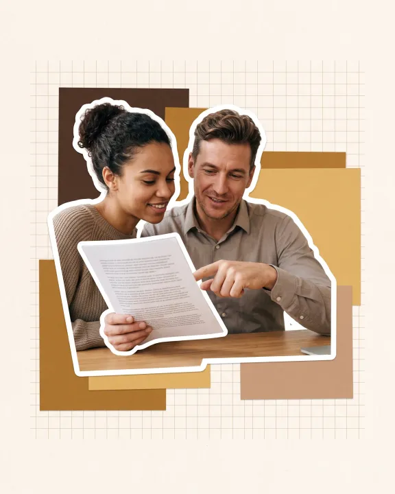 Two colleagues reading a printed translation together, cut out against paper shapes