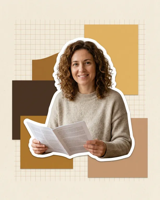 A linguist holding a printed page, cut out against the page