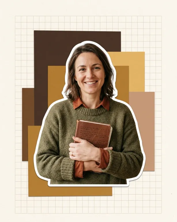A project manager holding a notebook, cut out against the page